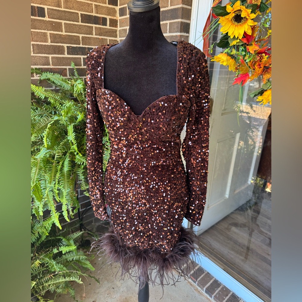 Sequin Long Sleeve Dress - Brown